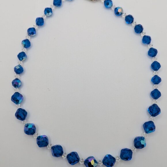 Vintage Blue AB Aurora Borealis Faceted Crystal Beaded Necklace Estate Find - Picture 2 of 4